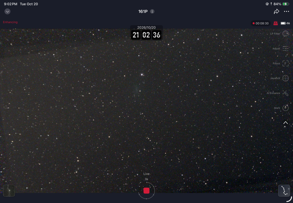 Seestar screen on October 20 with a circle and arrow marking Comet 161P