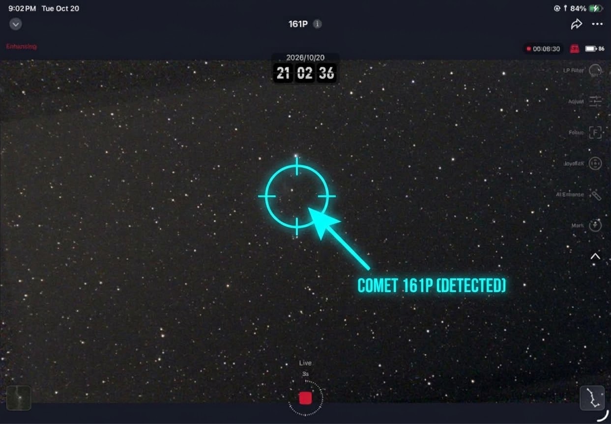 The same Seestar view of Comet 161P without the arrow, a faint glow among the stars