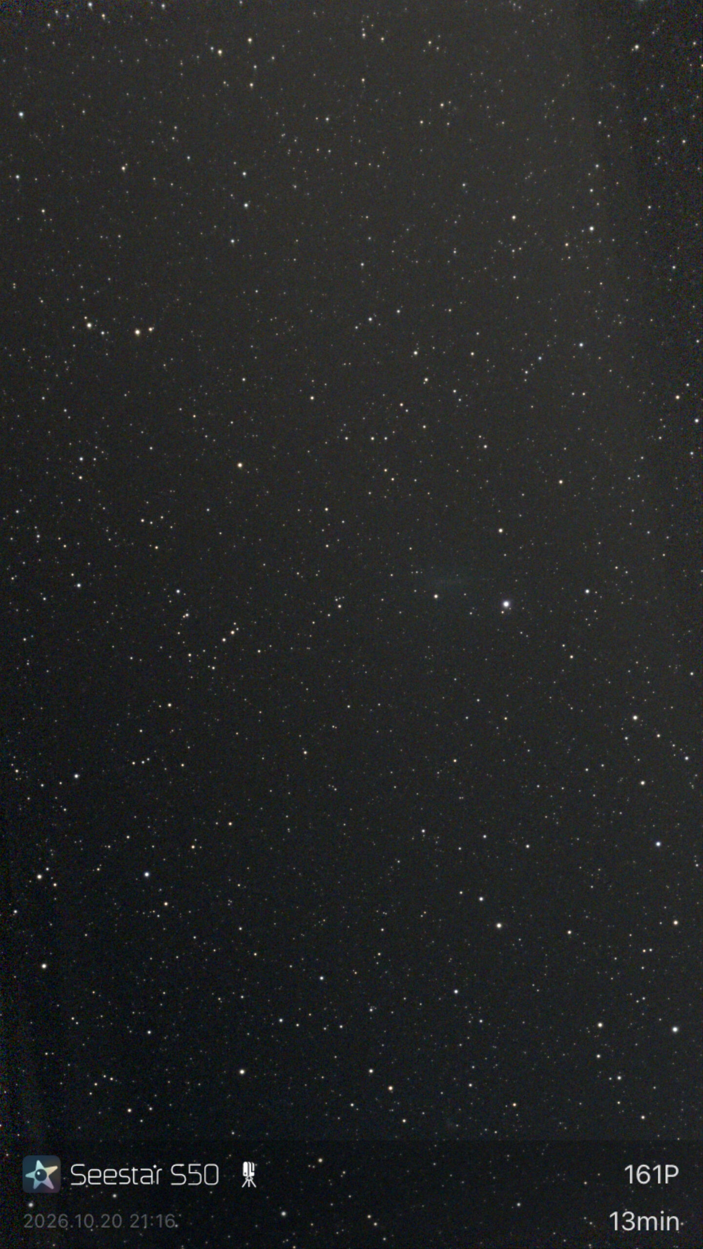 Comet 161P, a faint glow with a short tail, after 13 minutes with the Seestar S50