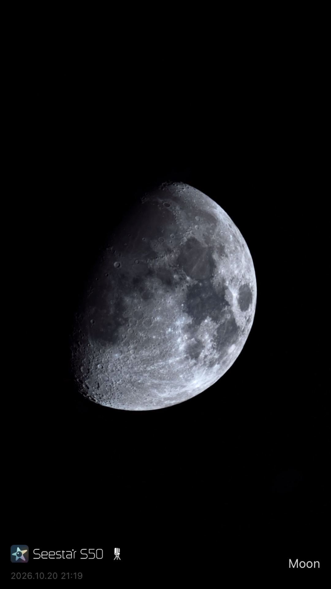 Waxing gibbous Moon on October 20, 2026, about two-thirds lit, photographed with the Seestar S50
