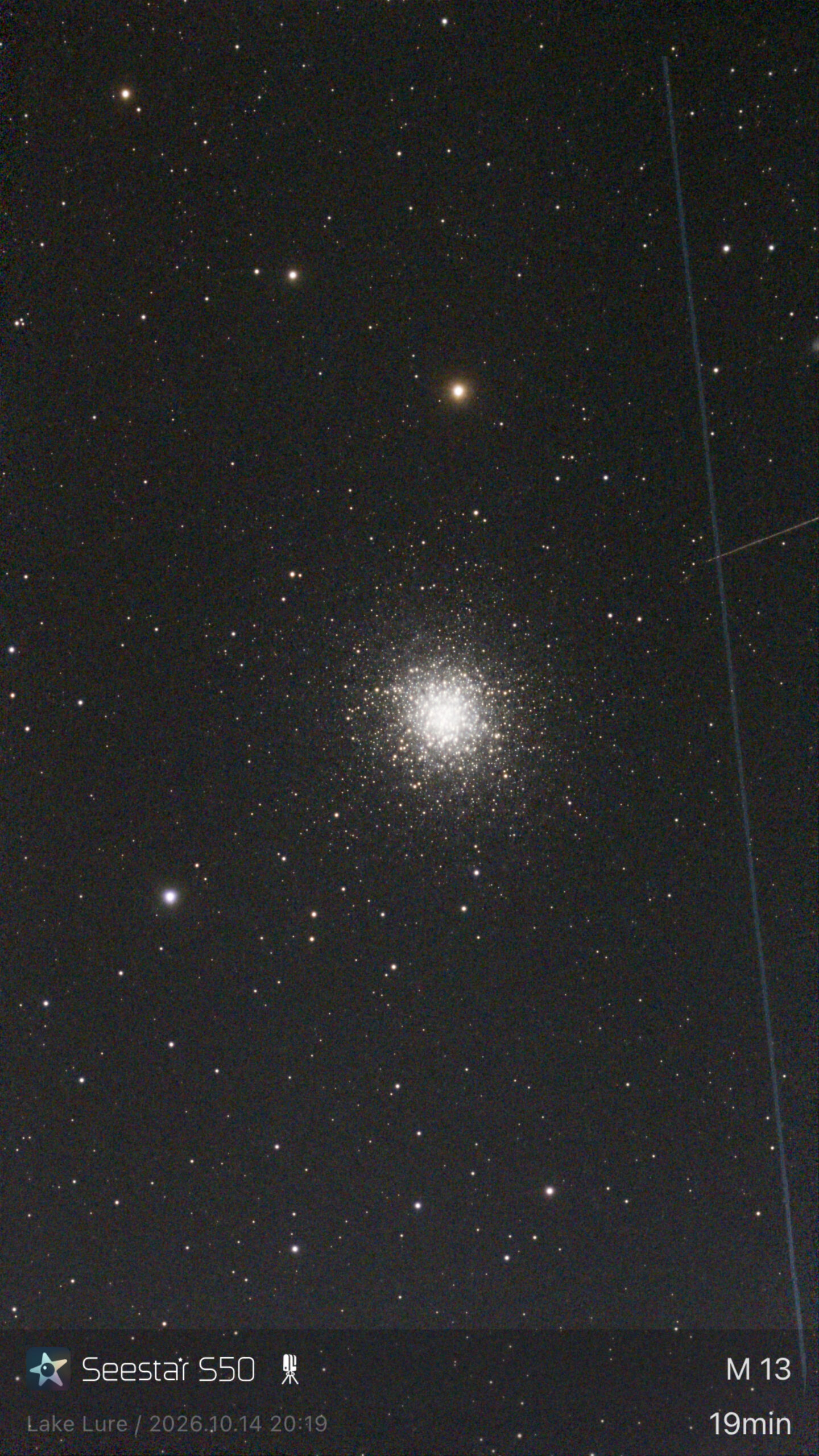 Hercules Cluster M13, a bright ball of stars, 19 minutes with the Seestar S50 at Lake Lure