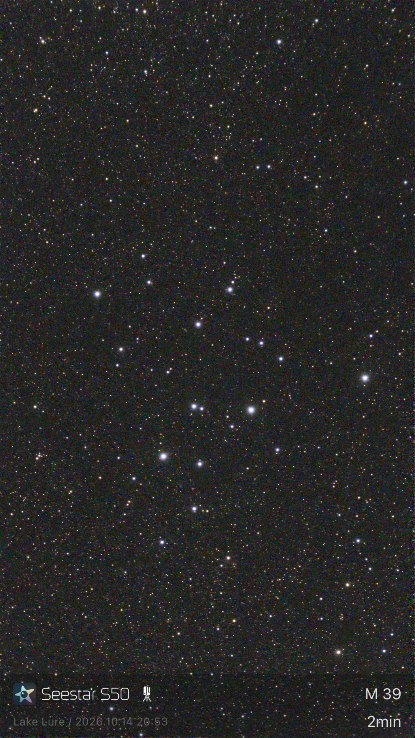 Open cluster M39 in Cygnus, a loose triangle of brighter stars, 2 minutes with the Seestar S50