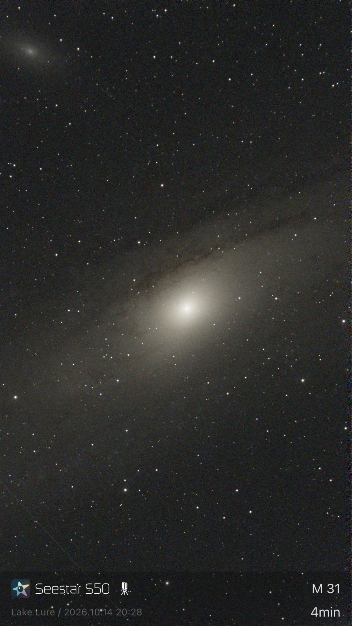 Andromeda Galaxy M31, bright core and dust lane, 4 minutes with the Seestar S50 at Lake Lure